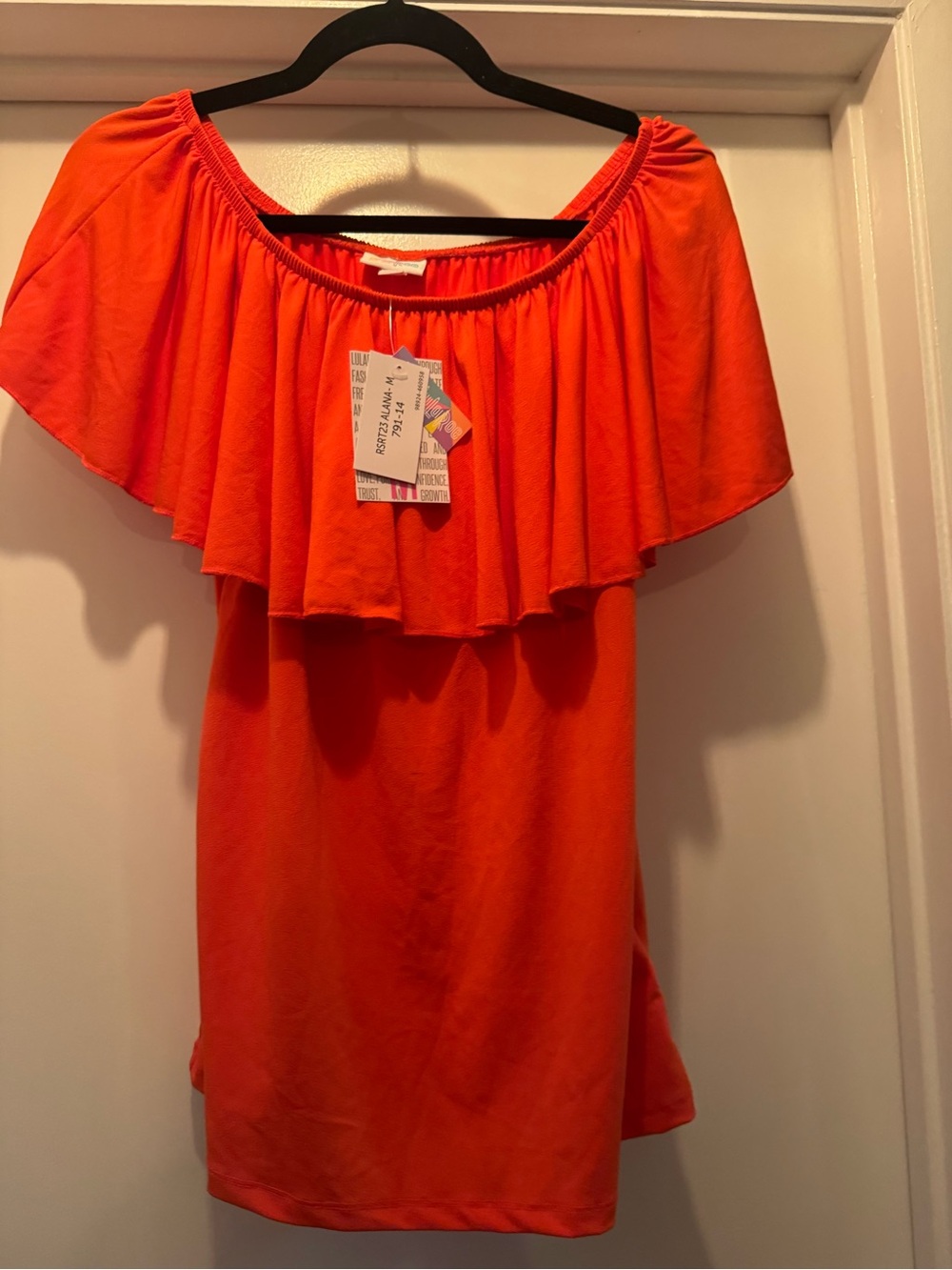 LuLaRoe Resort Alana Bright Orange Off-Shoulder Ruffle Tunic - Flounce Top